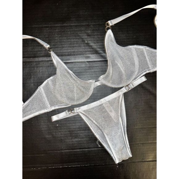 NWT Victoria's Secret unlined 32D BRA SET XS defect itsy panty SILVER gray Chain - Picture 3 of 8
